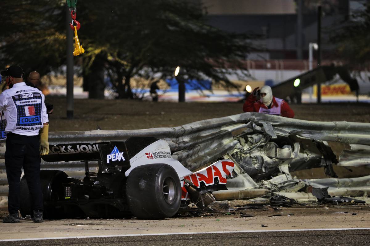 The heavily damaged Haas F1 Team VF-20 of Romain Grosjean (FRA) Haas F1 Team after crashed at the start of the race and exploded into flames, destroying the armco barrier. 29.11.2020. Formula 1 World Championship, Rd 15, Bahrain Grand Prix