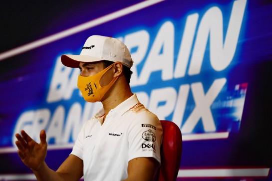 Lando Norris (GBR) McLaren in the FIA Press Conference.
26.11.2020. Formula 1 World Championship, Rd 15, Bahrain Grand Prix, Sakhir, Bahrain, Preparation Day.
- www.xpbimages.com, EMail: requests@xpbimages.com © Copyright: FIA Pool Image for Editorial Use Only