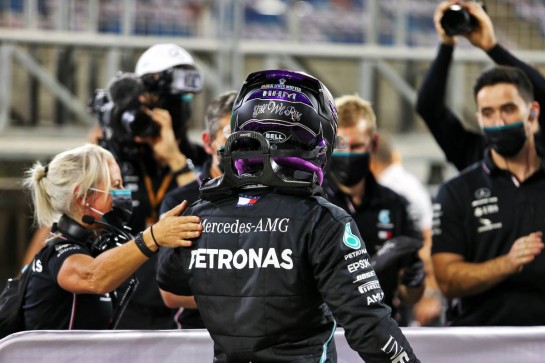 Lewis Hamilton (GBR) Mercedes AMG F1 W11 celebrates his pole position in qualifying parc ferme.
28.11.2020. Formula 1 World Championship, Rd 15, Bahrain Grand Prix, Sakhir, Bahrain, Qualifying Day.
- www.xpbimages.com, EMail: requests@xpbimages.com &copy; Copyright: Moy / XPB Images