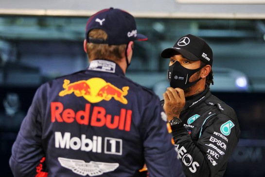 Lewis Hamilton (GBR) Mercedes AMG F1 in qualifying parc ferme with Max Verstappen (NLD) Red Bull Racing.
28.11.2020. Formula 1 World Championship, Rd 15, Bahrain Grand Prix, Sakhir, Bahrain, Qualifying Day.
- www.xpbimages.com, EMail: requests@xpbimages.com &copy; Copyright: Moy / XPB Images