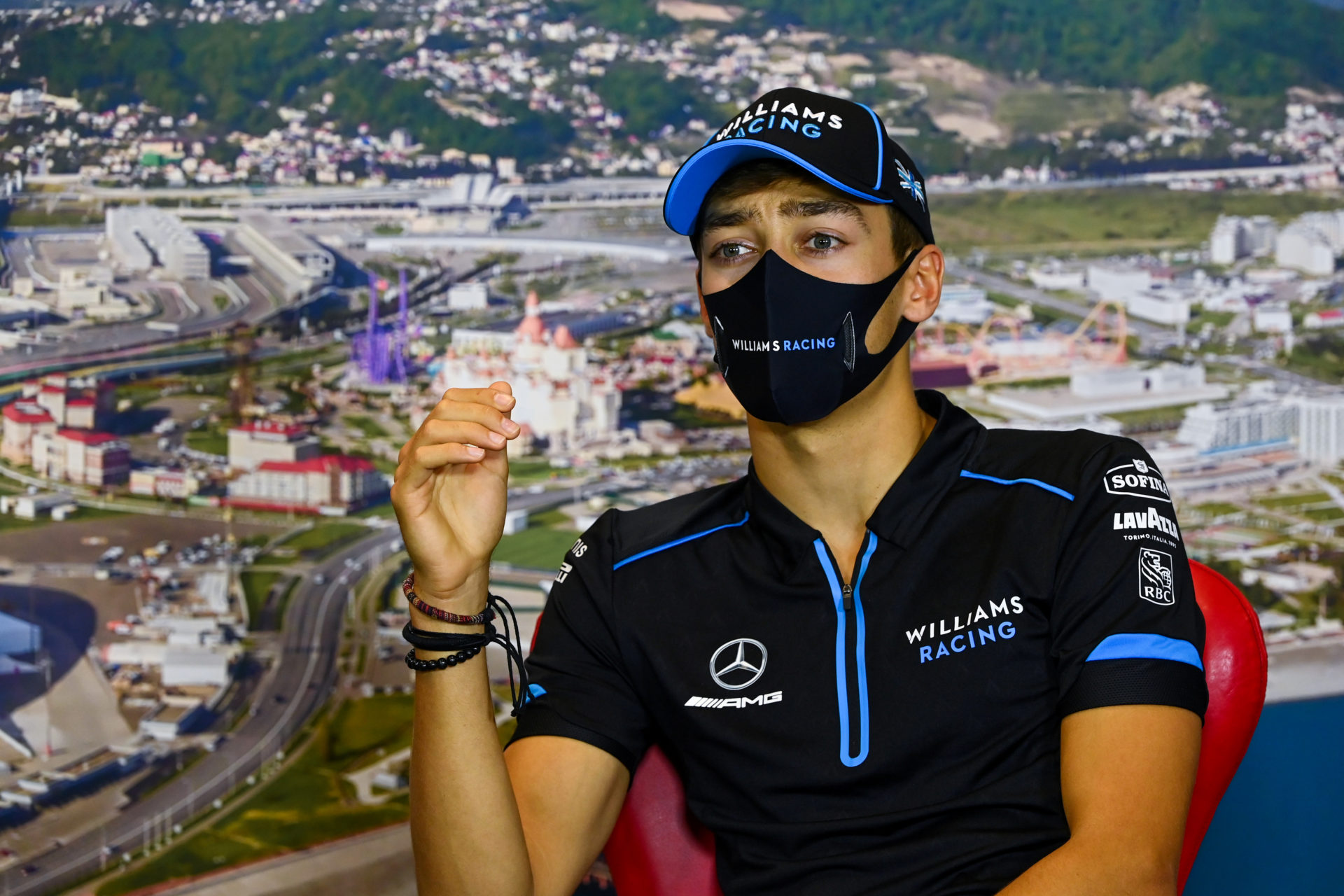 Williams driver George Russell at the Russian GP press conference