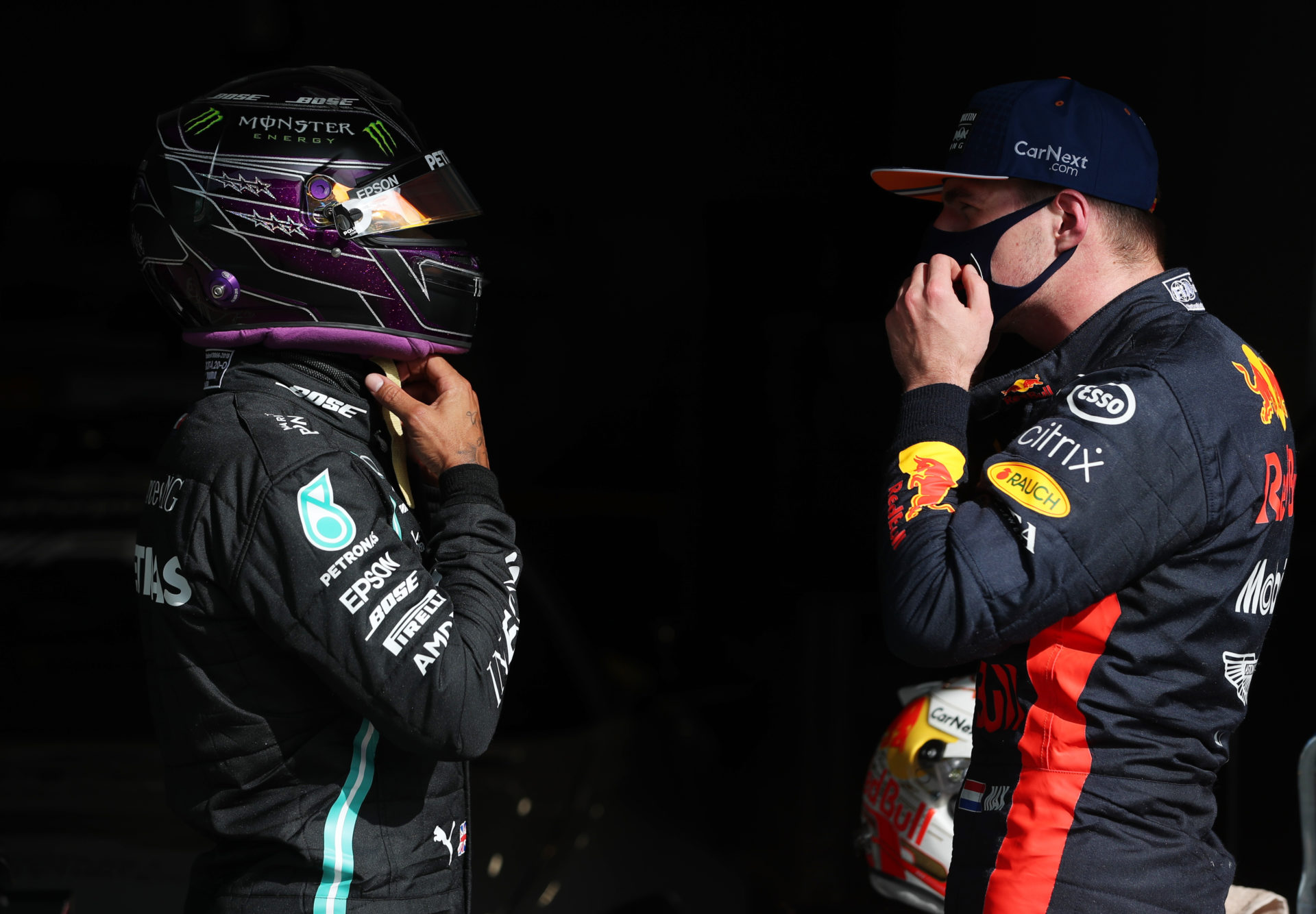 Lewis Hamilton and Max Verstappen after the Portuguese GP qualifying