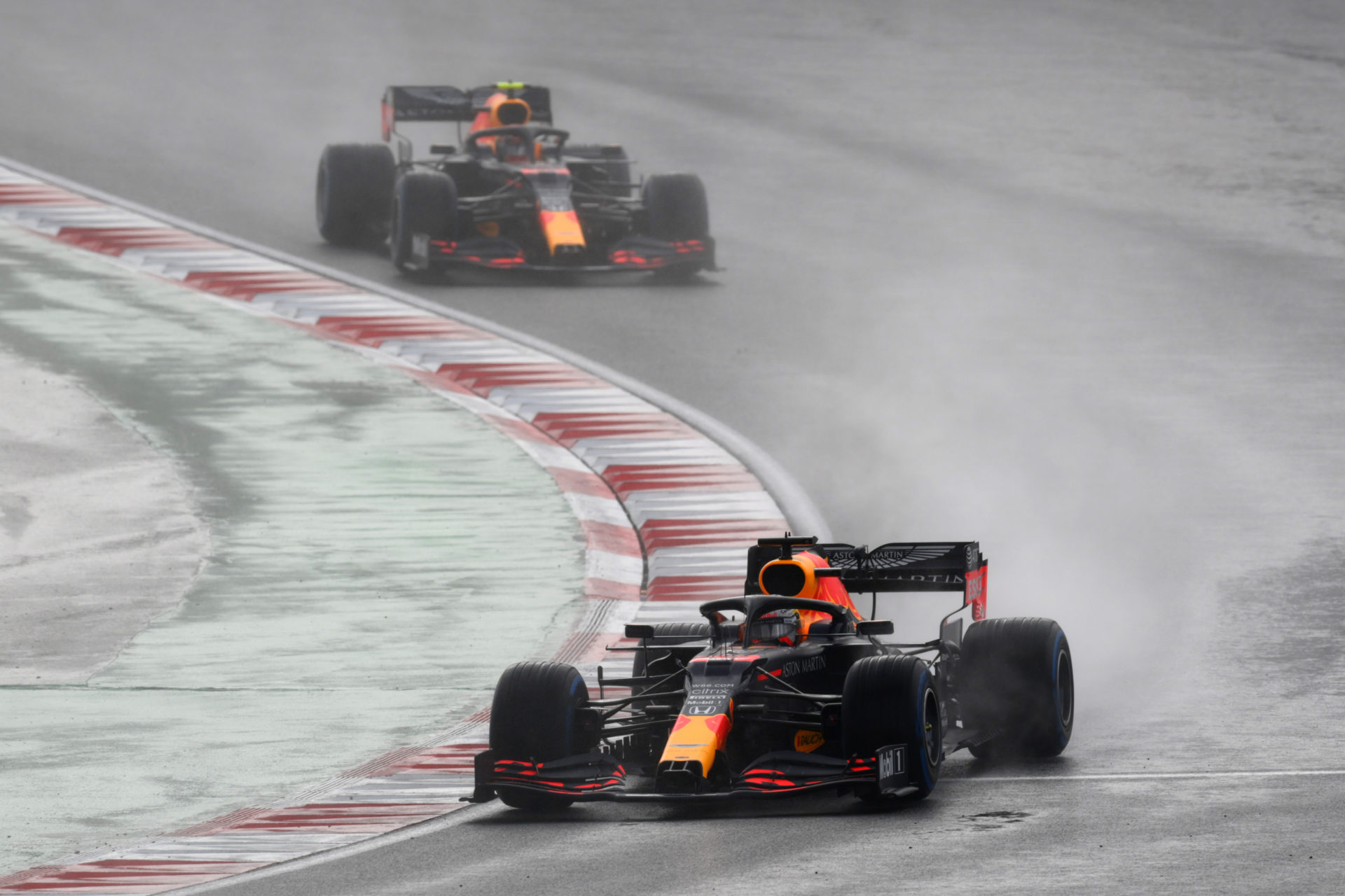 Red Bull drivers Max Verstappen and Alex Albon during the Turkish GP 