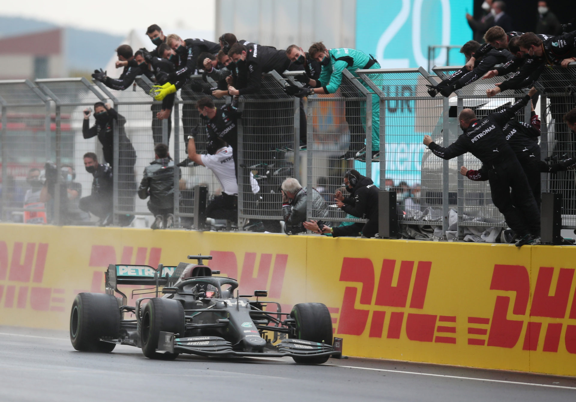 Lewis Hamilton crosses the line to win the Turkish GP race