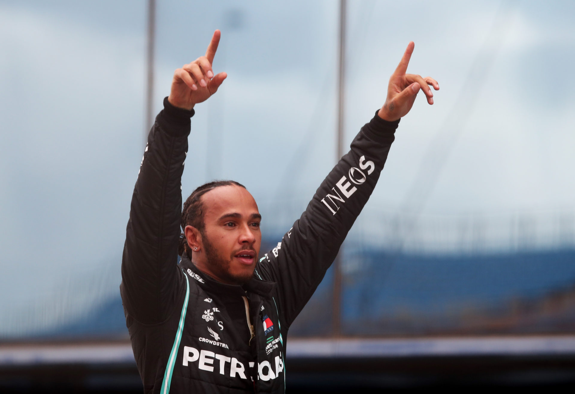 Lewis Hamilton celebrates winning his 7th world championship title in Turkey