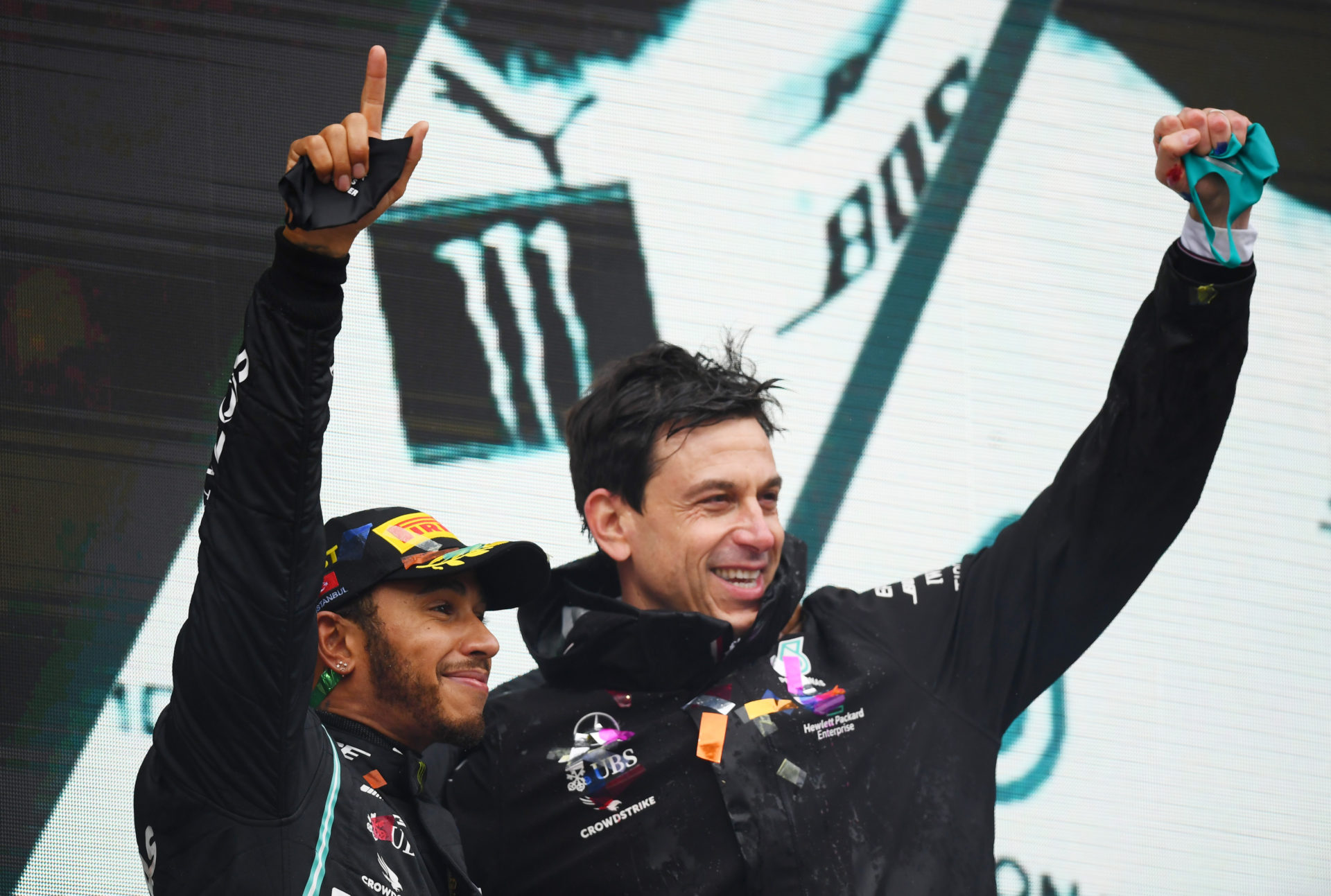 Mercedes Lewis Hamilton celebrates with Toto Wolff on the Turkish GP podium