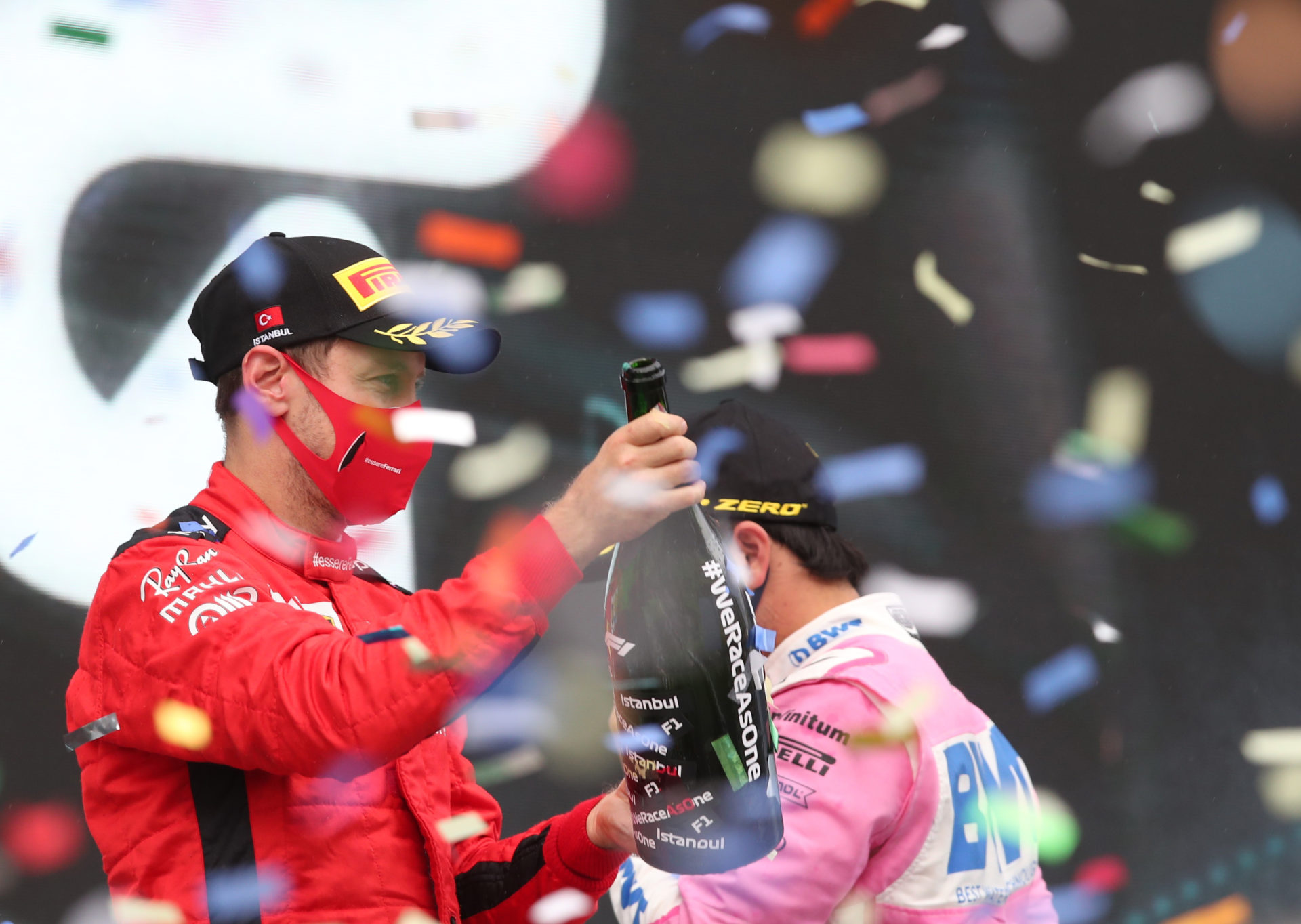 Sebastian Vettel celebrating his podium at Turkish Grand Prix 2020 with Sergio Perez