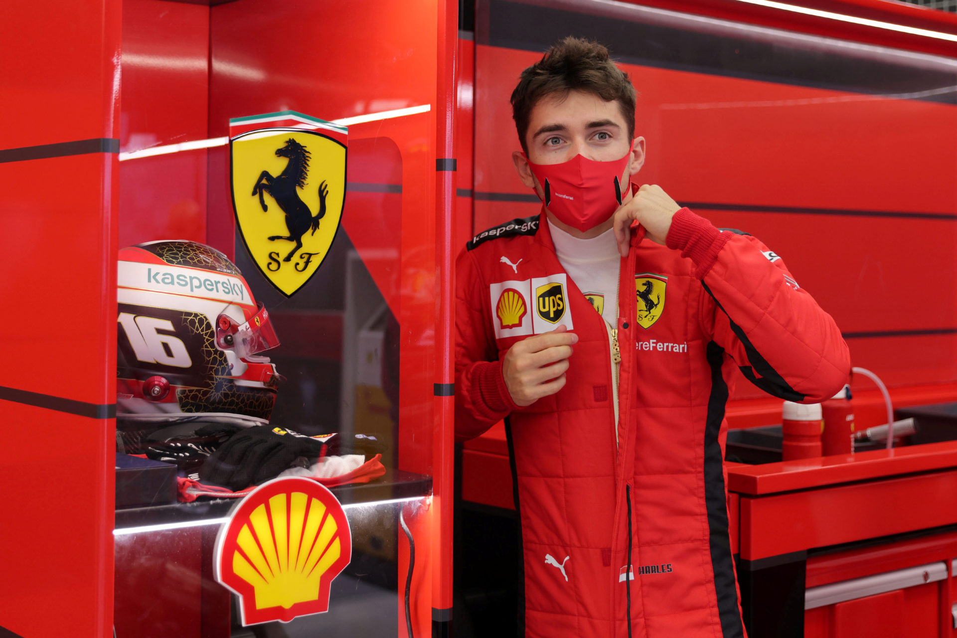 Charles Leclerc in the garage ahead of the Bahrain Grand Prix