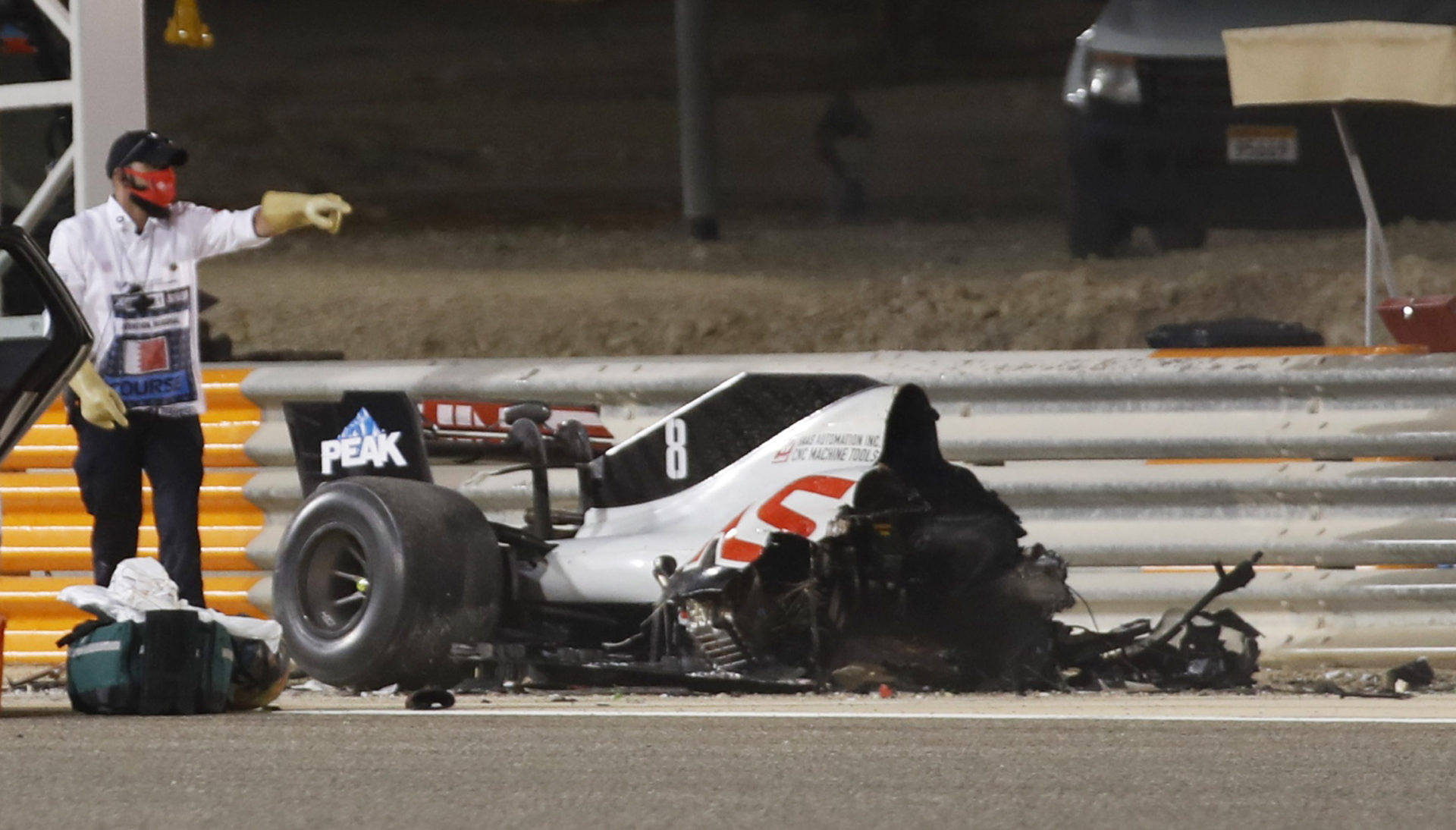 Romain Grosjean's car after an incident in the Bahrain Grand Prix