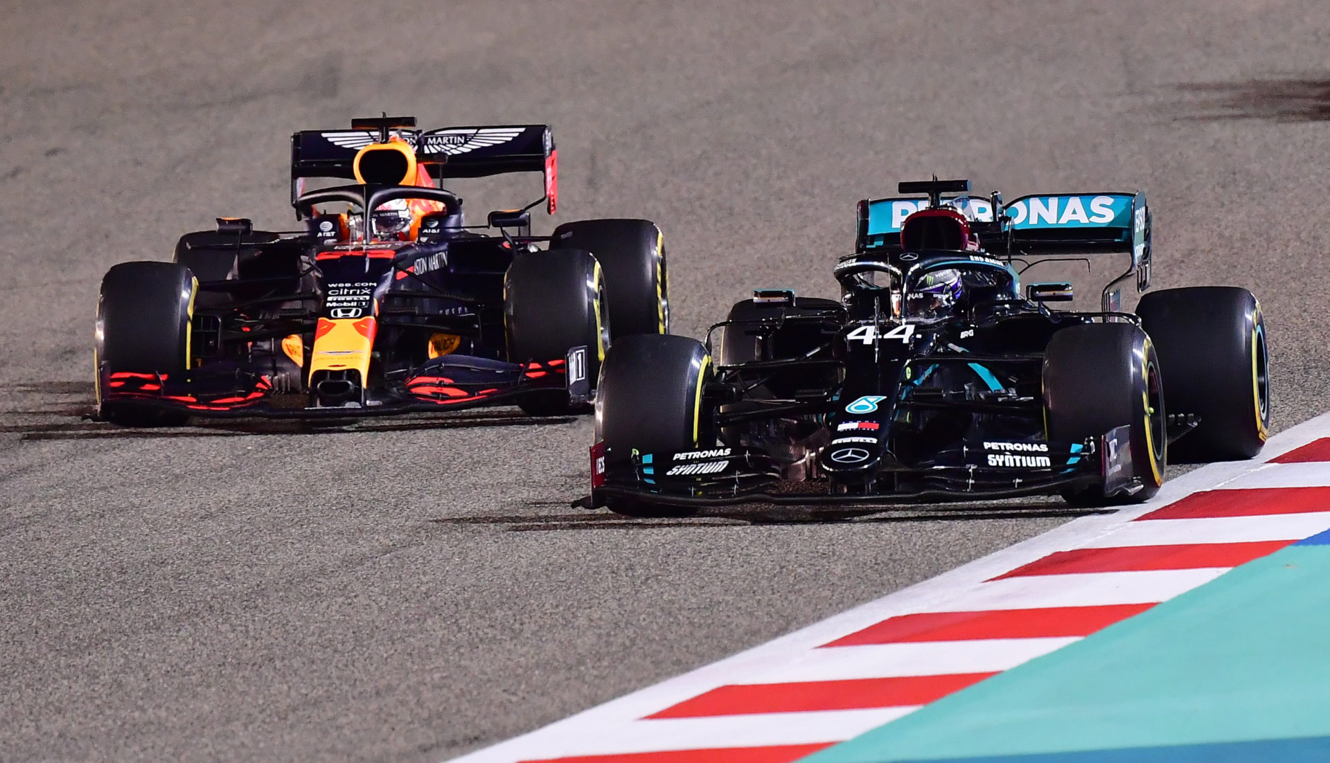 Lewis Hamilton and Max Verstappen during the Bahrain GP race