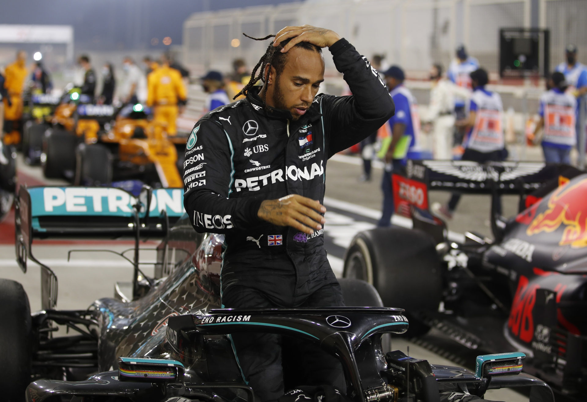 F1, Mercedes racer Lewis Hamilton ahead of completing his race. Every racer goes through a process of weight checking pre and post racing.