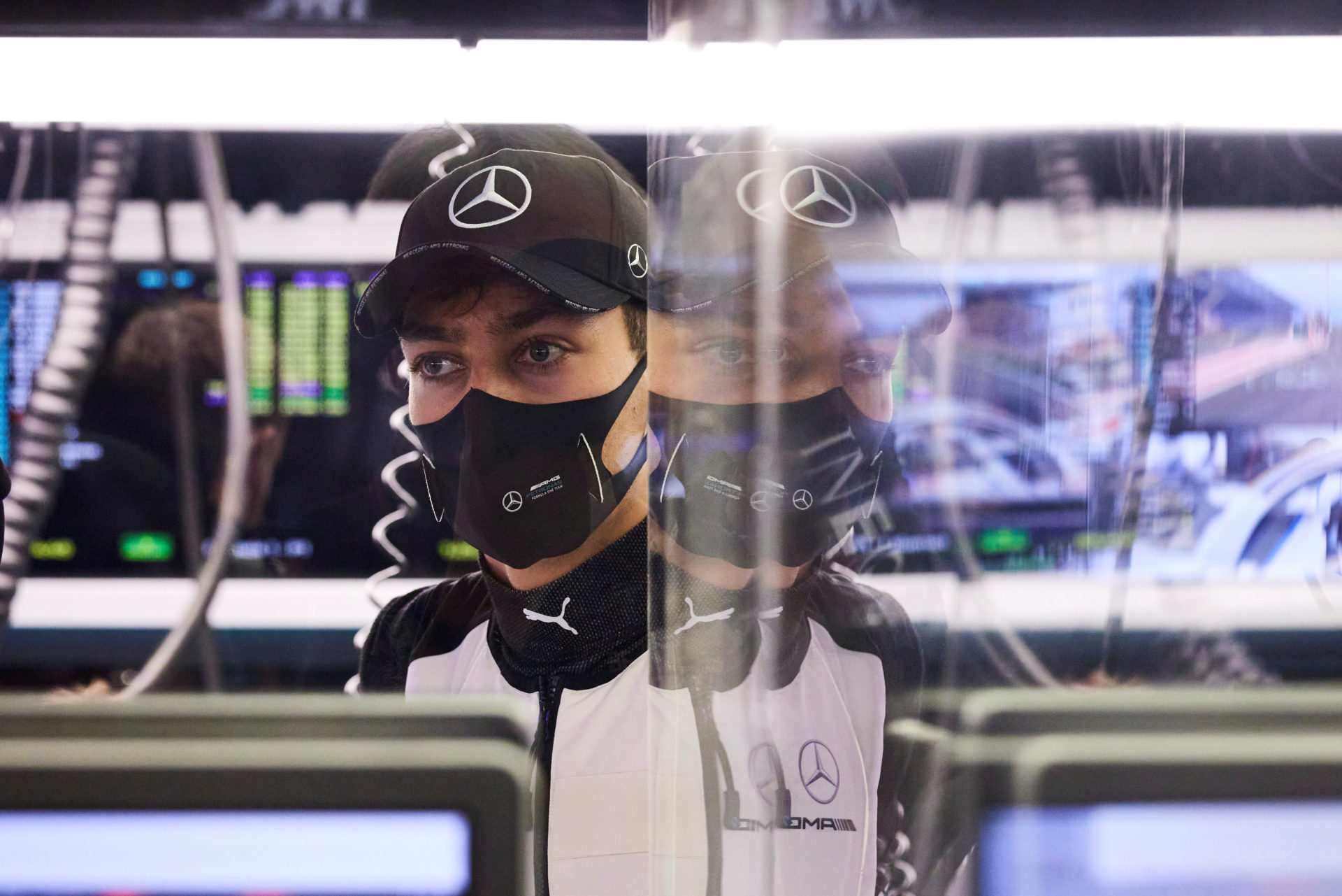 Mercedes driver George Russell in the garage at Sakhir Grand Prix 2020