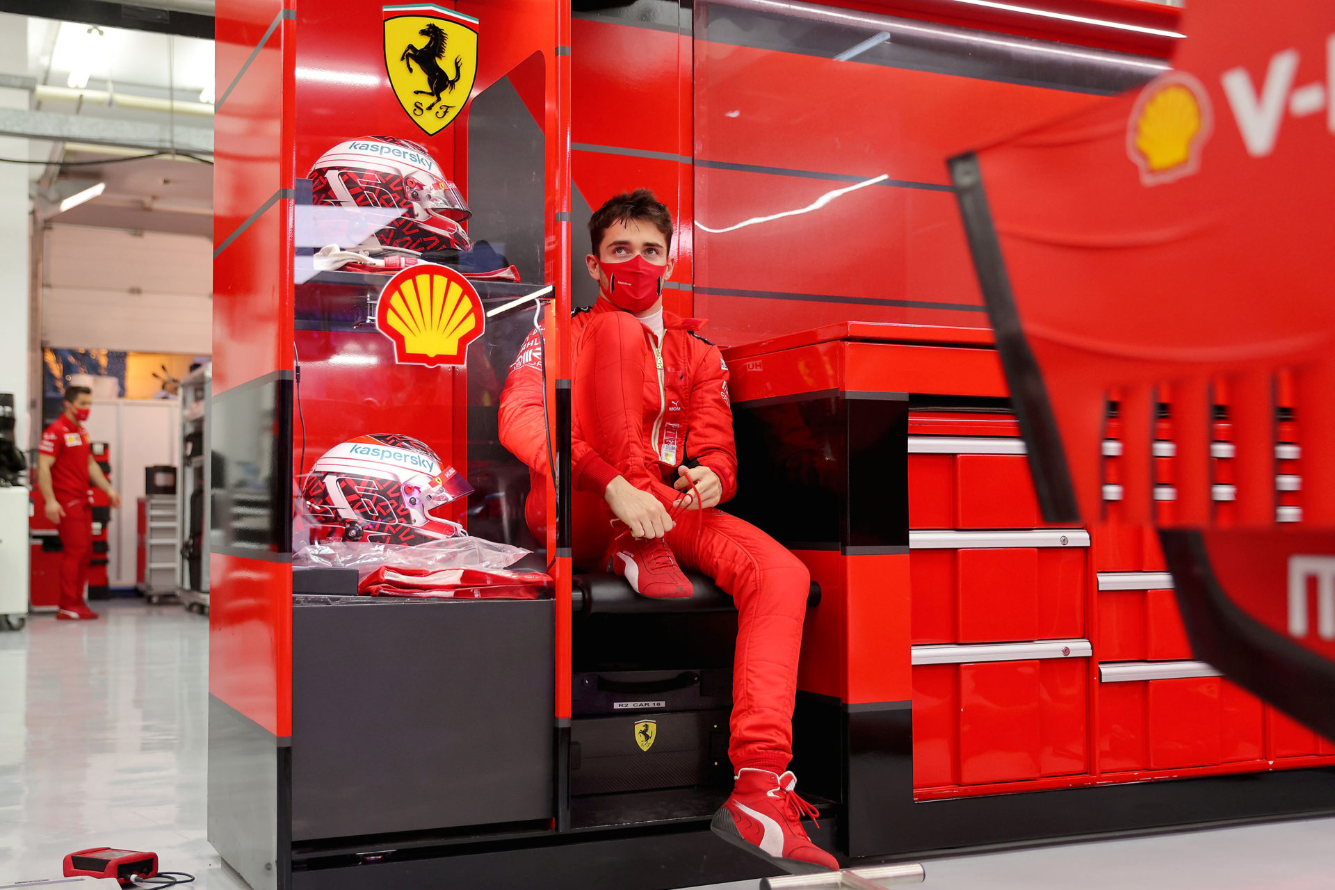 Charles Leclerc in the garage during his practice session