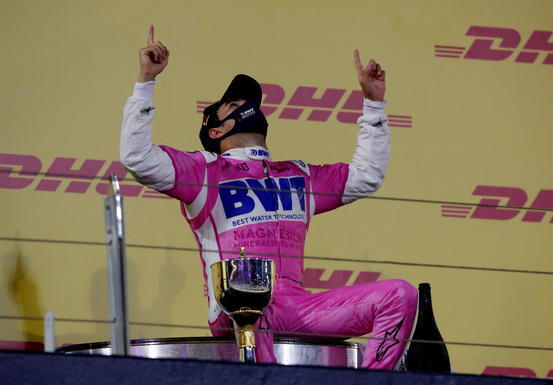 Sergio Perez celebrates on the Sakhir GP podium