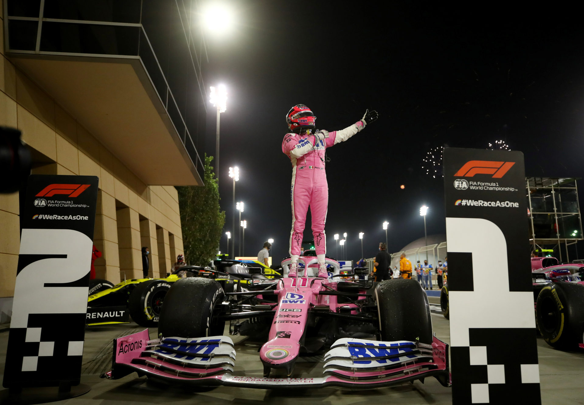 Sergio Perez celebrating his win at the Sakhir Grand Prix