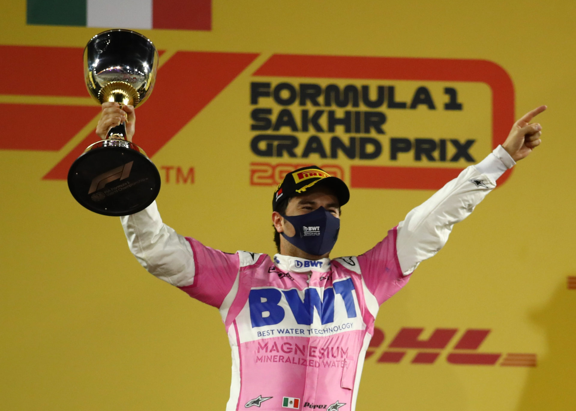 Racing Point driver Sergio Perez with his trophy after winning the Sakhir GP race