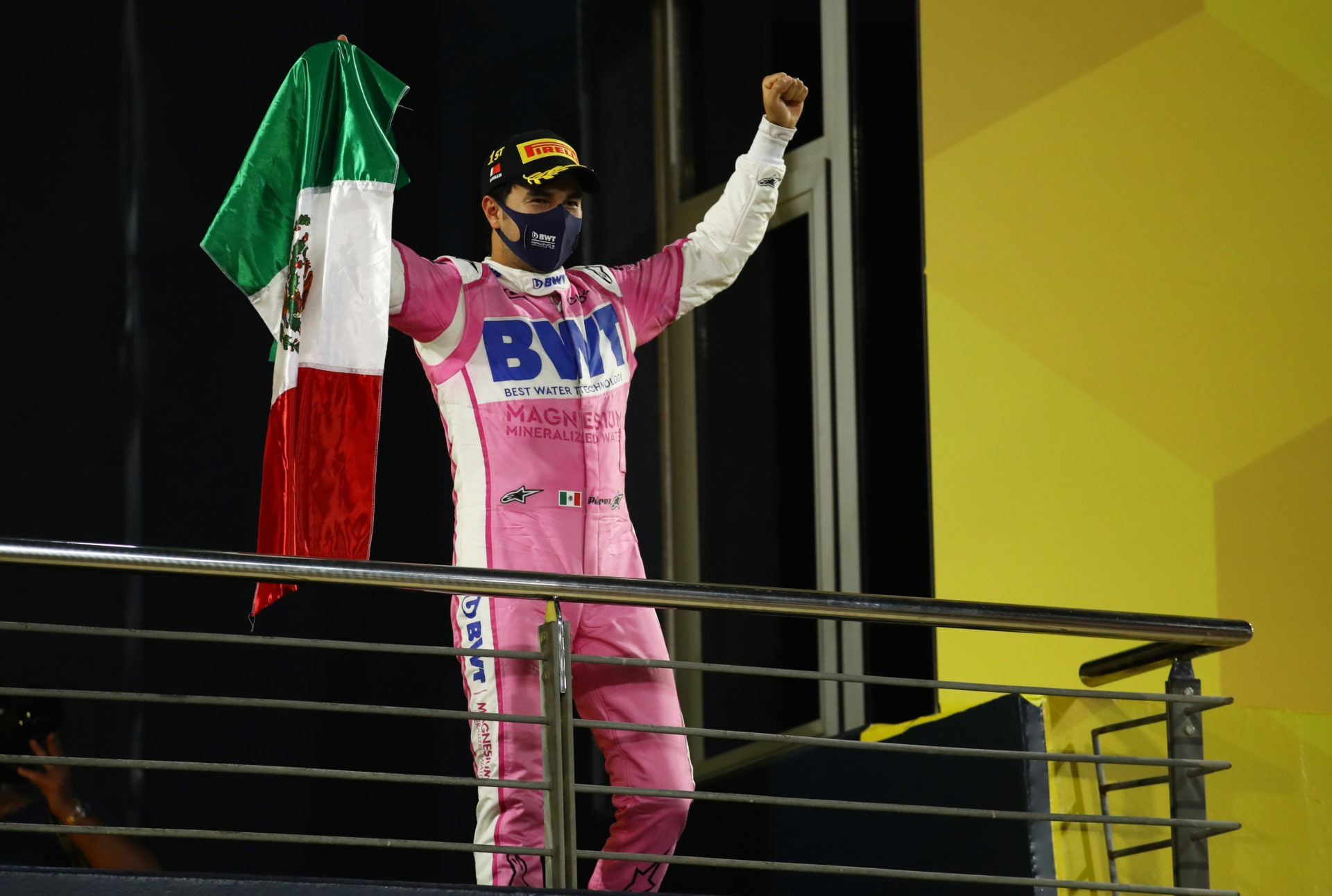 Sergio Perez celebrating his win at the Sakhir Grand Prix