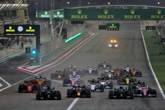 (L to R): George Russell (GBR) Mercedes AMG F1 W11, Max Verstappen (NLD) Red Bull Racing RB16, Valtteri Bottas (FIN) Mercedes AMG F1 W11, and Sergio Perez (MEX) Racing Point F1 Team RP19 at the start of the race.
06.12.2020. Formula 1 World Championship, Rd 16, Sakhir Grand Prix, Sakhir, Bahrain, Race Day.
- www.xpbimages.com, EMail: requests@xpbimages.com &copy; Copyright: Moy / XPB Images