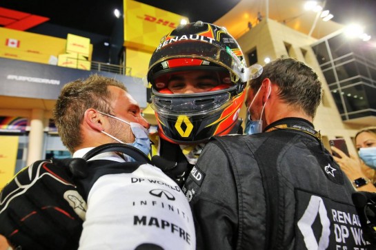 Esteban Ocon (FRA) Renault F1 Team celebrates his second position with the team in parc ferme.
06.12.2020. Formula 1 World Championship, Rd 16, Sakhir Grand Prix, Sakhir, Bahrain, Race Day.
- www.xpbimages.com, EMail: requests@xpbimages.com &copy; Copyright: Charniaux / XPB Images