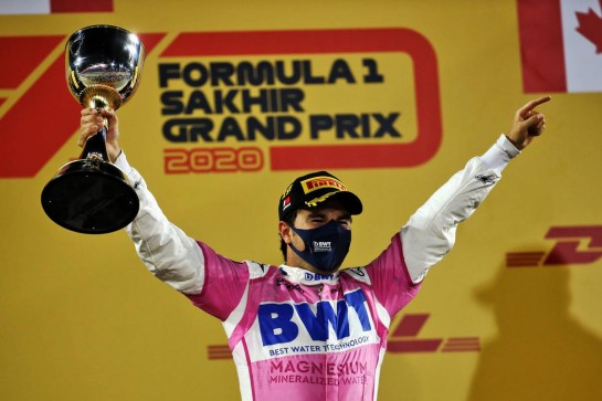 Race winner Sergio Perez (MEX) Racing Point F1 Team celebrates on the podium.
06.12.2020. Formula 1 World Championship, Rd 16, Sakhir Grand Prix, Sakhir, Bahrain, Race Day.
- www.xpbimages.com, EMail: requests@xpbimages.com &copy; Copyright: Batchelor / XPB Images