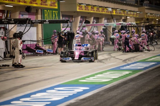 Sergio Perez (MEX) Racing Point F1 Team RP19 makes a pit stop.
06.12.2020. Formula 1 World Championship, Rd 16, Sakhir Grand Prix, Sakhir, Bahrain, Race Day.
- www.xpbimages.com, EMail: requests@xpbimages.com &copy; Copyright: Bearne / XPB Images