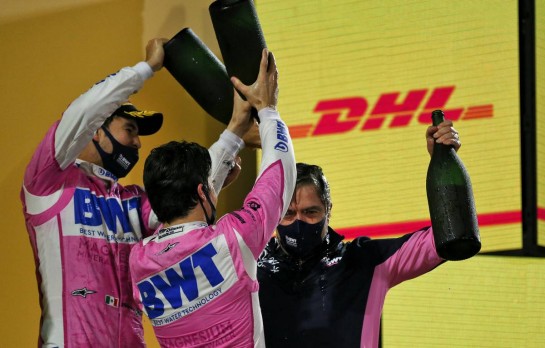 Andy Stevenson (GBR) Racing Point F1 Team Manager celebrates on the podium with race winner Sergio Perez (MEX) Racing Point F1 Team and Lance Stroll (CDN) Racing Point F1 Team.
06.12.2020. Formula 1 World Championship, Rd 16, Sakhir Grand Prix, Sakhir, Bahrain, Race Day.
- www.xpbimages.com, EMail: requests@xpbimages.com &copy; Copyright: Moy / XPB Images