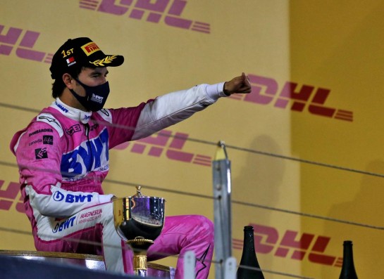 Race winner Sergio Perez (MEX) Racing Point F1 Team celebrates on the podium.
06.12.2020. Formula 1 World Championship, Rd 16, Sakhir Grand Prix, Sakhir, Bahrain, Race Day.
- www.xpbimages.com, EMail: requests@xpbimages.com &copy; Copyright: Moy / XPB Images
