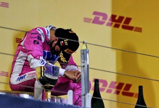 Race winner Sergio Perez (MEX) Racing Point F1 Team celebrates on the podium.
06.12.2020. Formula 1 World Championship, Rd 16, Sakhir Grand Prix, Sakhir, Bahrain, Race Day.
- www.xpbimages.com, EMail: requests@xpbimages.com &copy; Copyright: Moy / XPB Images