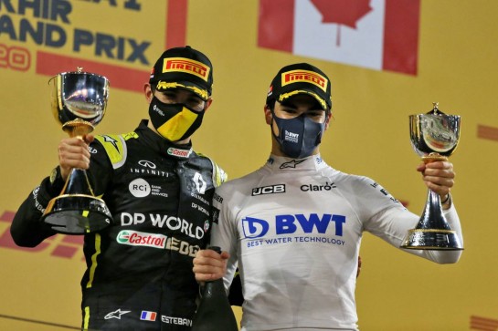 (L to R): Esteban Ocon (FRA) Renault F1 Team celebrates his second position on the podium with third placed Lance Stroll (CDN) Racing Point F1 Team.
06.12.2020. Formula 1 World Championship, Rd 16, Sakhir Grand Prix, Sakhir, Bahrain, Race Day.
- www.xpbimages.com, EMail: requests@xpbimages.com &copy; Copyright: Moy / XPB Images
