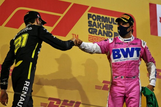 (L to R): Esteban Ocon (FRA) Renault F1 Team celebrates his second position on the podium with race winner Sergio Perez (MEX) Racing Point F1 Team.
06.12.2020. Formula 1 World Championship, Rd 16, Sakhir Grand Prix, Sakhir, Bahrain, Race Day.
- www.xpbimages.com, EMail: requests@xpbimages.com &copy; Copyright: Moy / XPB Images