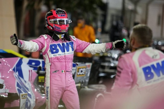 Race winner Sergio Perez (MEX) Racing Point F1 Team celebrates with the team in parc ferme.
06.12.2020. Formula 1 World Championship, Rd 16, Sakhir Grand Prix, Sakhir, Bahrain, Race Day.
- www.xpbimages.com, EMail: requests@xpbimages.com &copy; Copyright: Charniaux / XPB Images