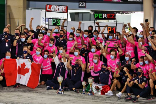 Racing Point F1 Team celebrates victory for Sergio Perez (MEX) Racing Point F1 Team and third place for Lance Stroll (CDN) Racing Point F1 Team.
06.12.2020. Formula 1 World Championship, Rd 16, Sakhir Grand Prix, Sakhir, Bahrain, Race Day.
- www.xpbimages.com, EMail: requests@xpbimages.com &copy; Copyright: Moy / XPB Images