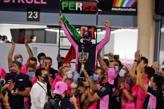 Race winner Sergio Perez (MEX) Racing Point F1 Team celebrates with the team.
06.12.2020. Formula 1 World Championship, Rd 16, Sakhir Grand Prix, Sakhir, Bahrain, Race Day.
- www.xpbimages.com, EMail: requests@xpbimages.com &copy; Copyright: Moy / XPB Images