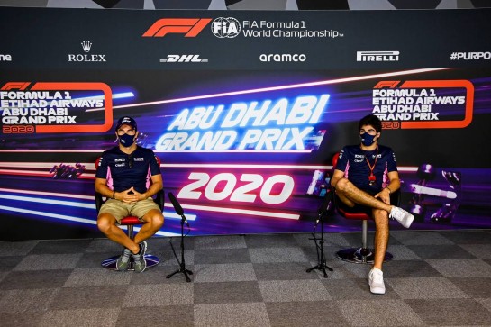 (L to R): Sergio Perez (MEX) Racing Point F1 Team and team mate Lance Stroll (CDN) Racing Point F1 Team in the FIA Press Conference.
10.12.2020. Formula 1 World Championship, Rd 17, Abu Dhabi Grand Prix, Yas Marina Circuit, Abu Dhabi, Preparation Day.
- www.xpbimages.com, EMail: requests@xpbimages.com © Copyright: FIA Pool Image for Editorial Use Only