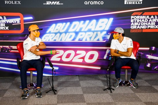 (L to R): Lando Norris (GBR) McLaren with team mate Carlos Sainz Jr (ESP) McLaren in the FIA Press Conference.
10.12.2020. Formula 1 World Championship, Rd 17, Abu Dhabi Grand Prix, Yas Marina Circuit, Abu Dhabi, Preparation Day.
- www.xpbimages.com, EMail: requests@xpbimages.com © Copyright: FIA Pool Image for Editorial Use Only