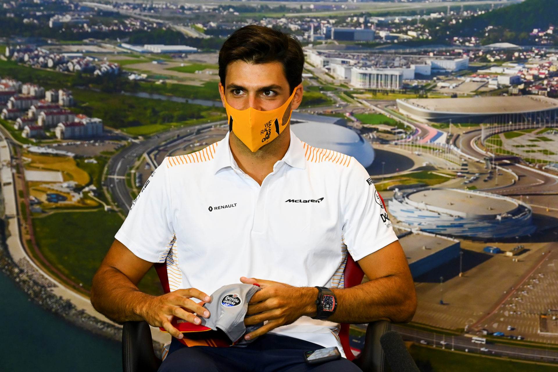 Carlos Sainz at a press conference in Russia answering questions on his future at Ferrari