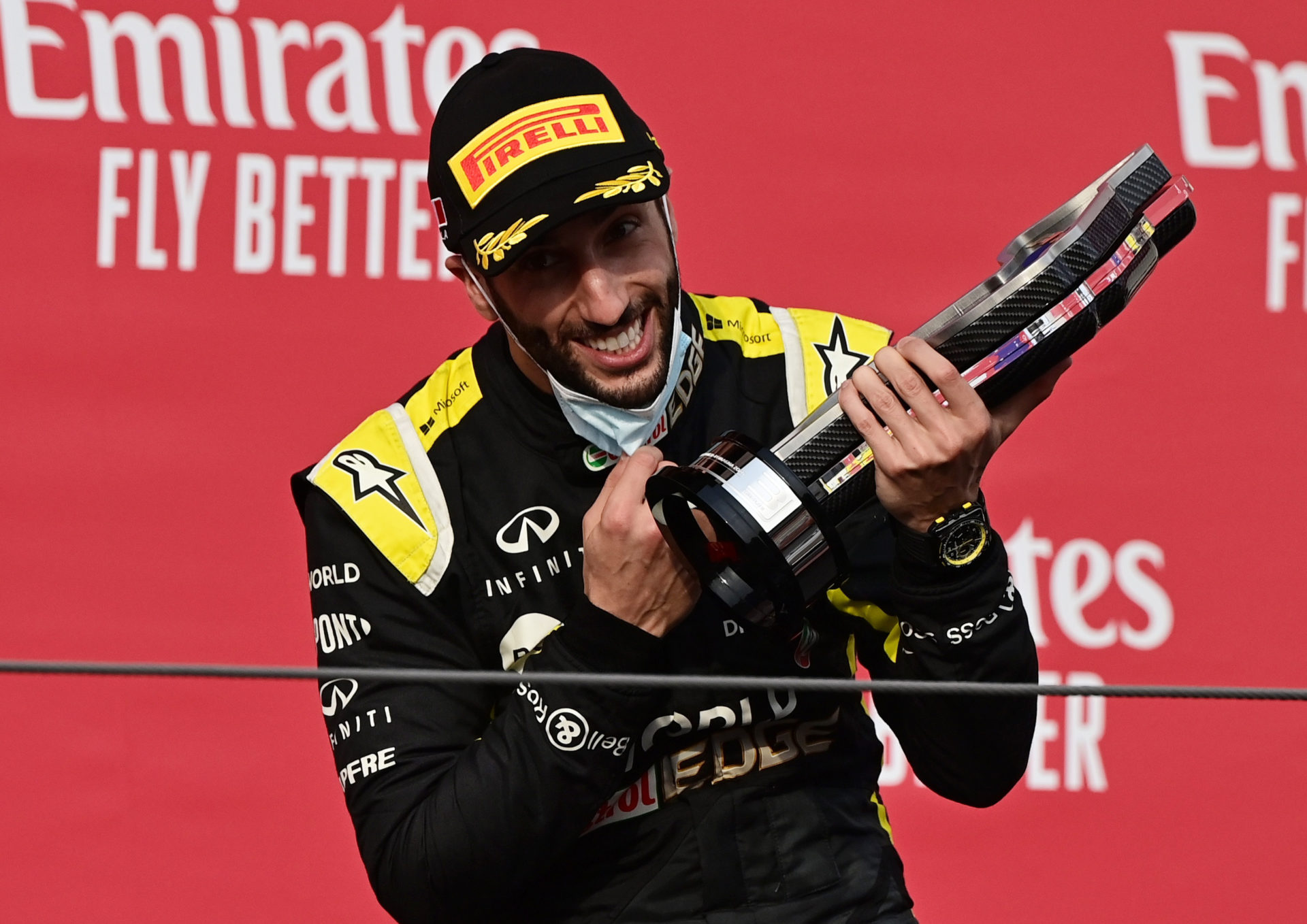 Daniel Ricciardo celebrates on the podium after the Emilia Romagna GP