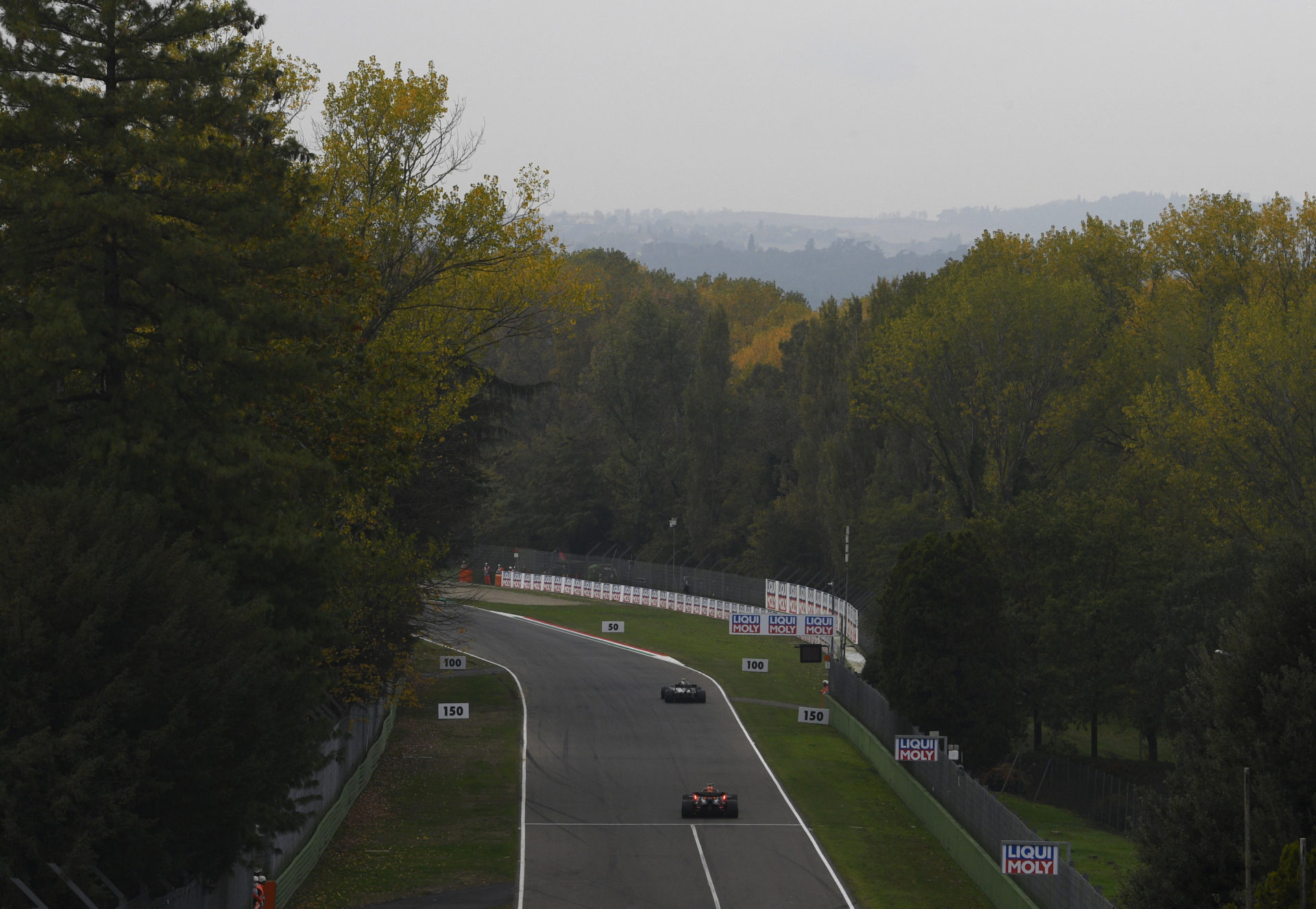 F1 cars drive around during the race in Emilia Romagna Grand Prix 2020