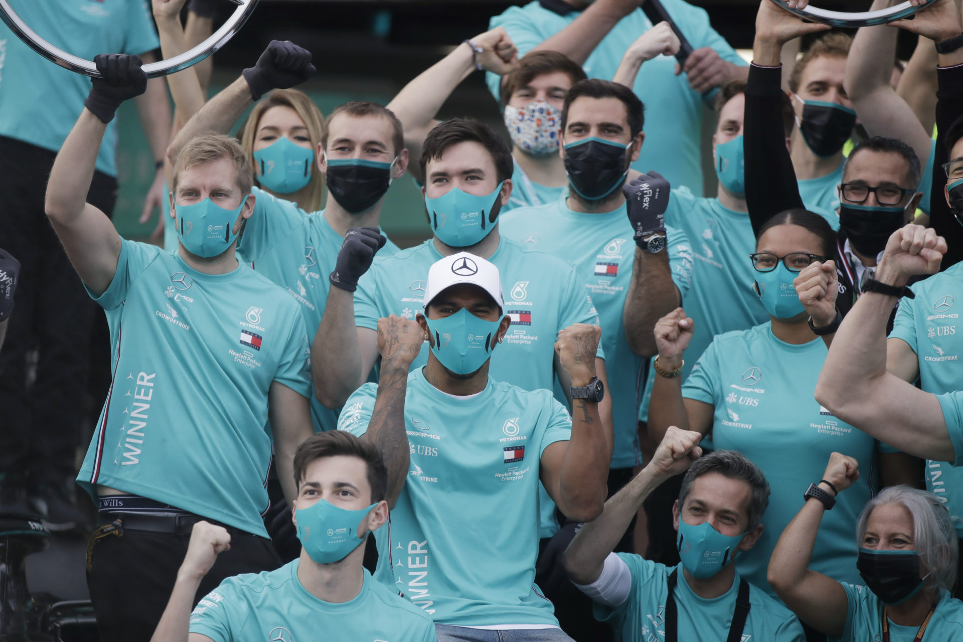 Lewis Hamilton celebrating Mercedes' 2020 championship win