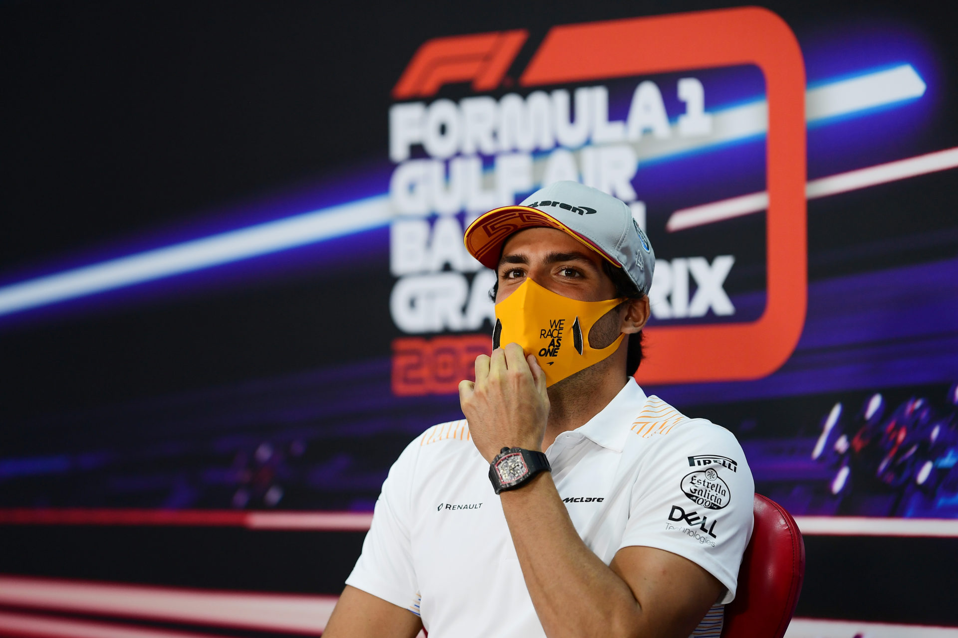 Carlos Sainz at a press conference ahead of the Bahrain GP