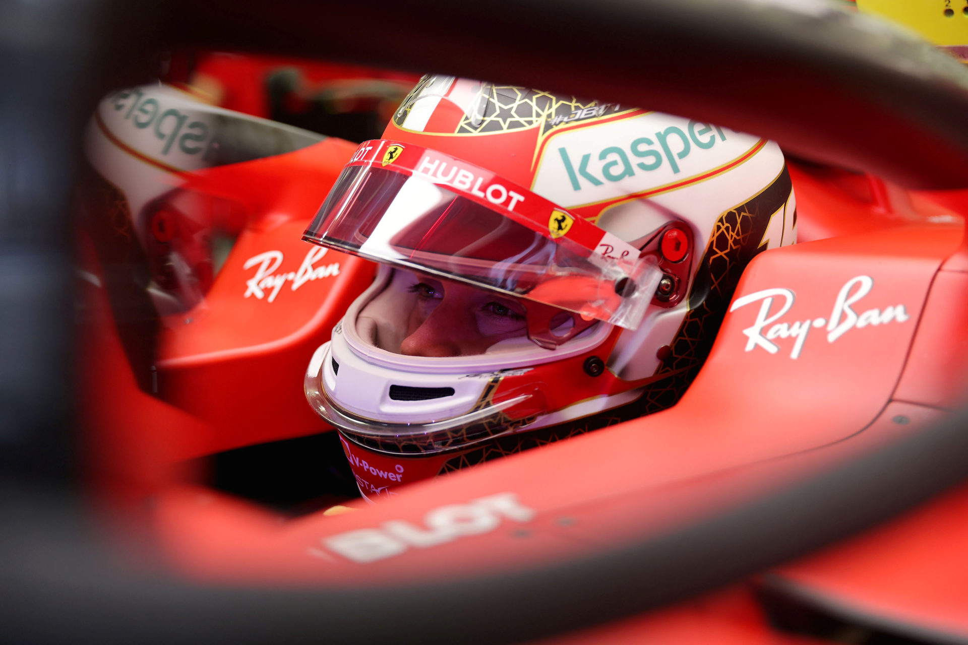 Charles Leclerc sitting inside Ferrari's cockpit at Bahrain Grand Prix 2020