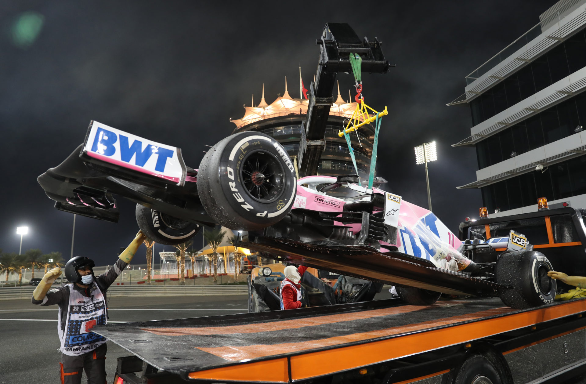 Sergio Perez's car being removed from the track during Bahrain Grand Prix race 2020