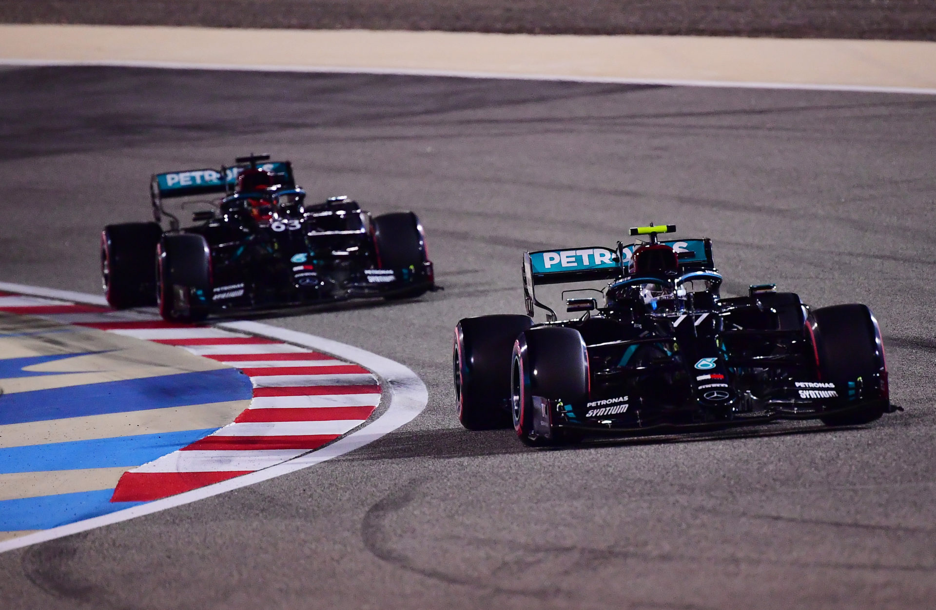 Mercedes drivers George Russell and Valtteri Bottas during Sakhir GP qualifying. Each team allowing only two cockpits to compete.