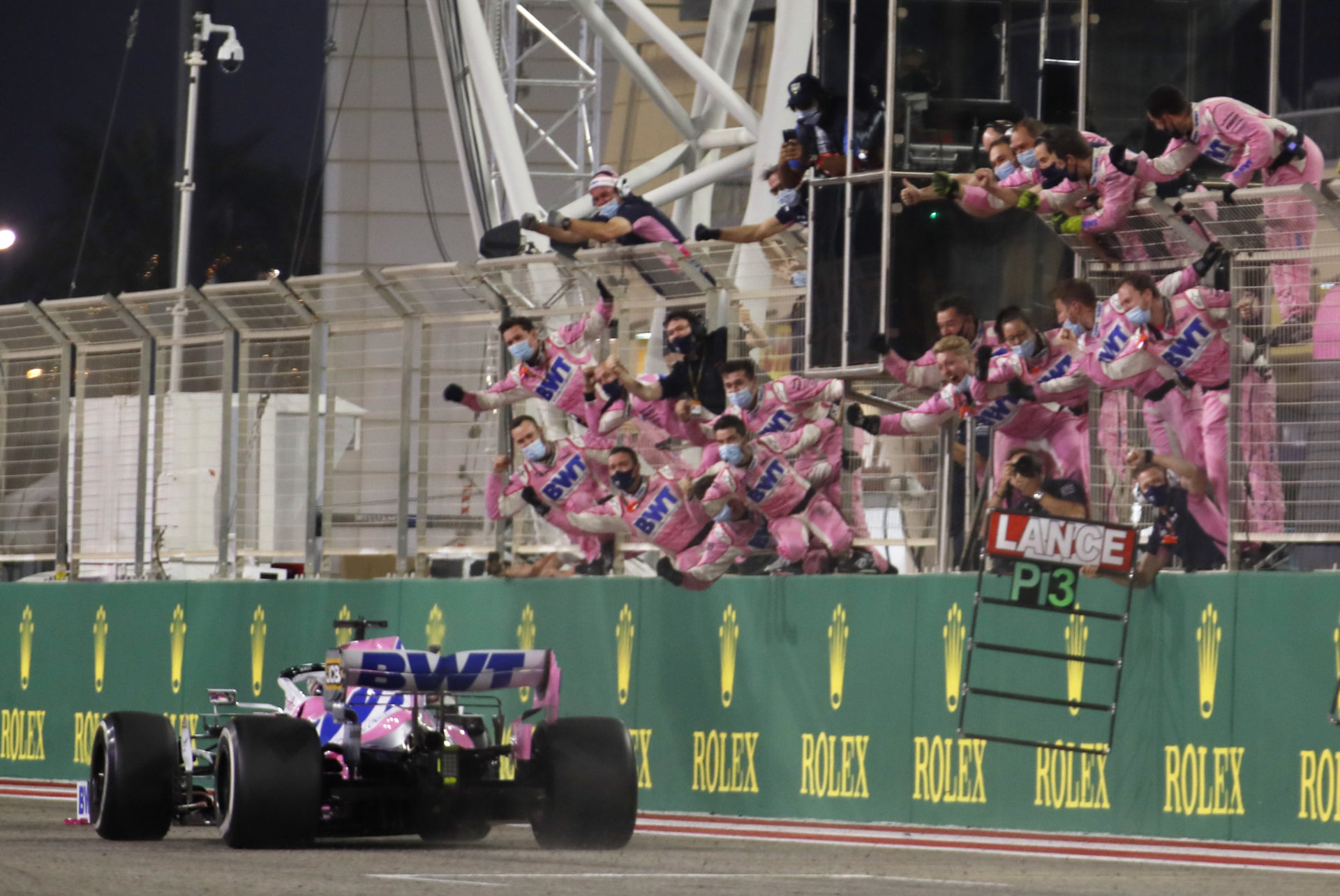 Racing Point crew celebrates Sergio Perez's F1 win at Sakhir GP 2020