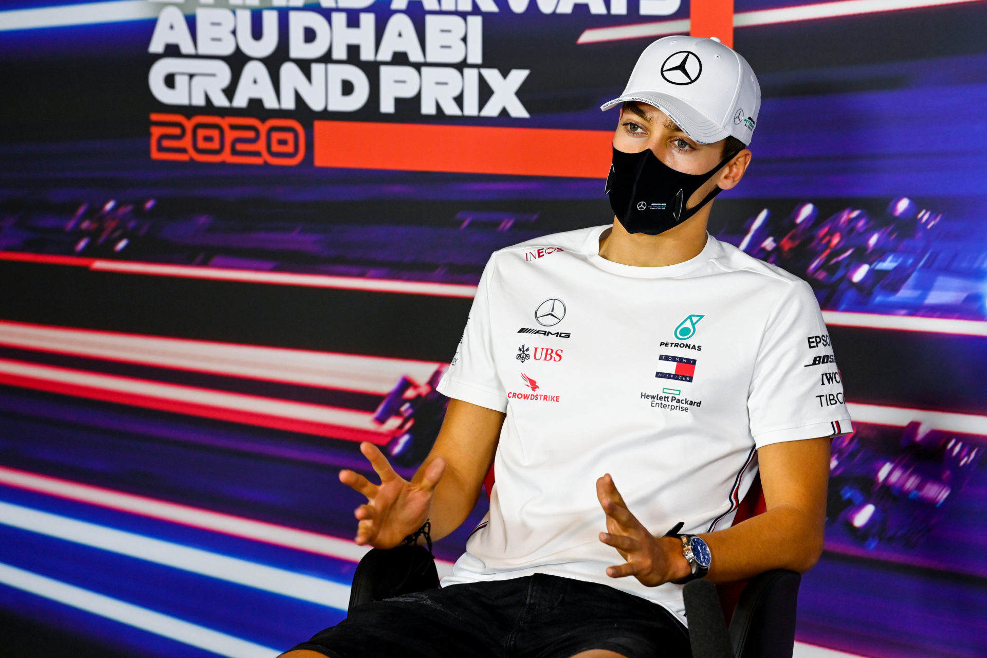 George Russell during the Abu Dhabi GP press conference