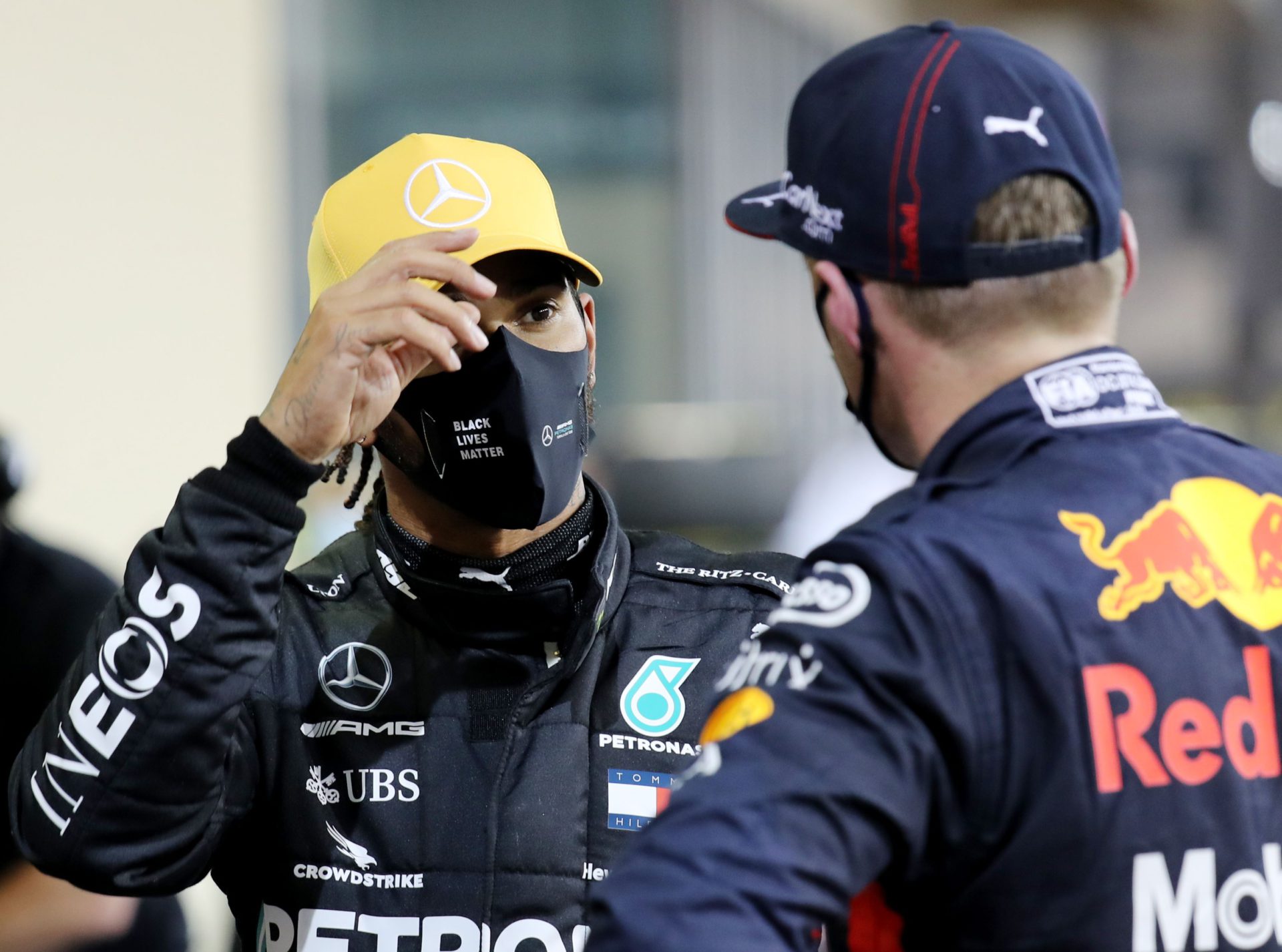 Lewis Hamilton speaking with Max Verstappen after qualifying at Abu Dhabi GP 2020