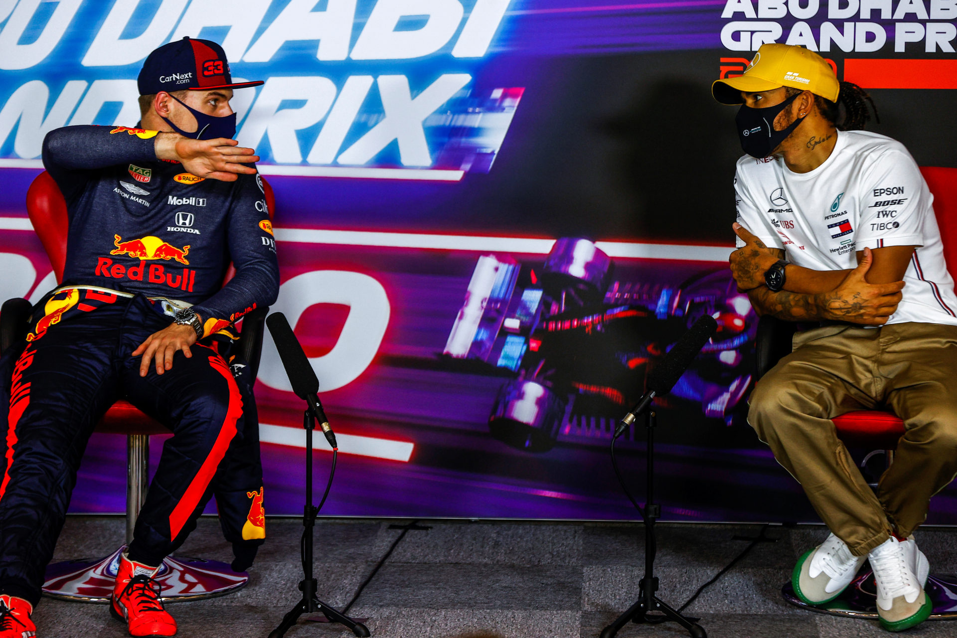 Max Verstappen and Lewis Hamilton at the press conference