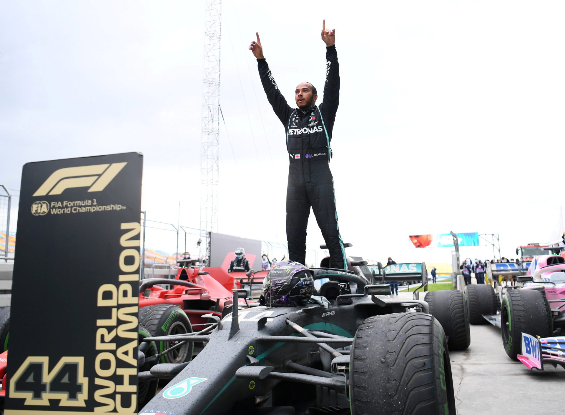 Lewis Hamilton celebrates winning his 7th world title