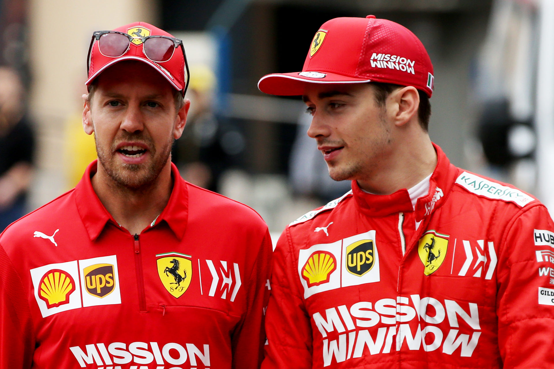 Ferrari drivers Sebastian Vettel and Charles Leclerc have a chat