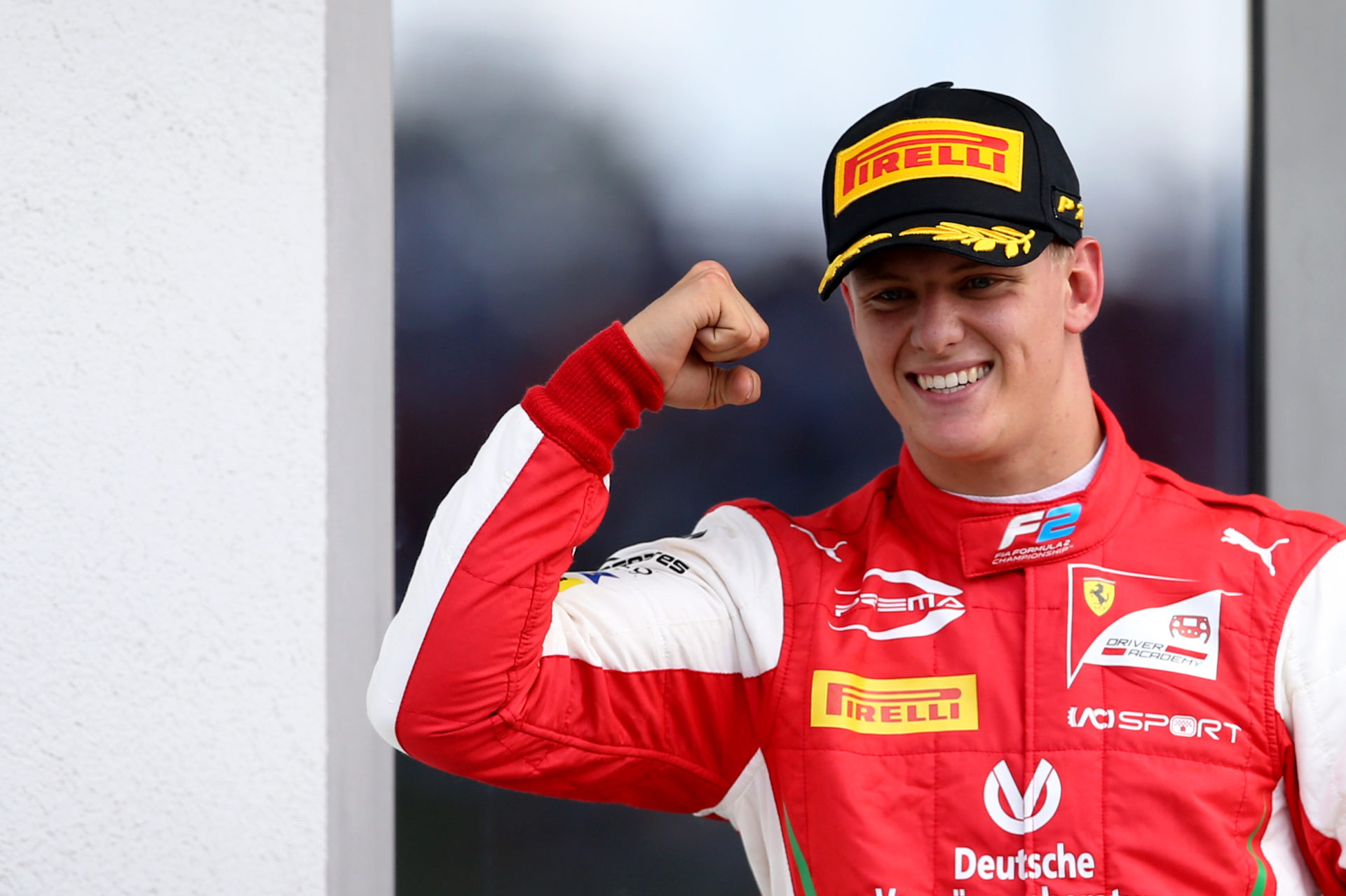 Mick Schumacher celebrates his F2 race win in Hungary